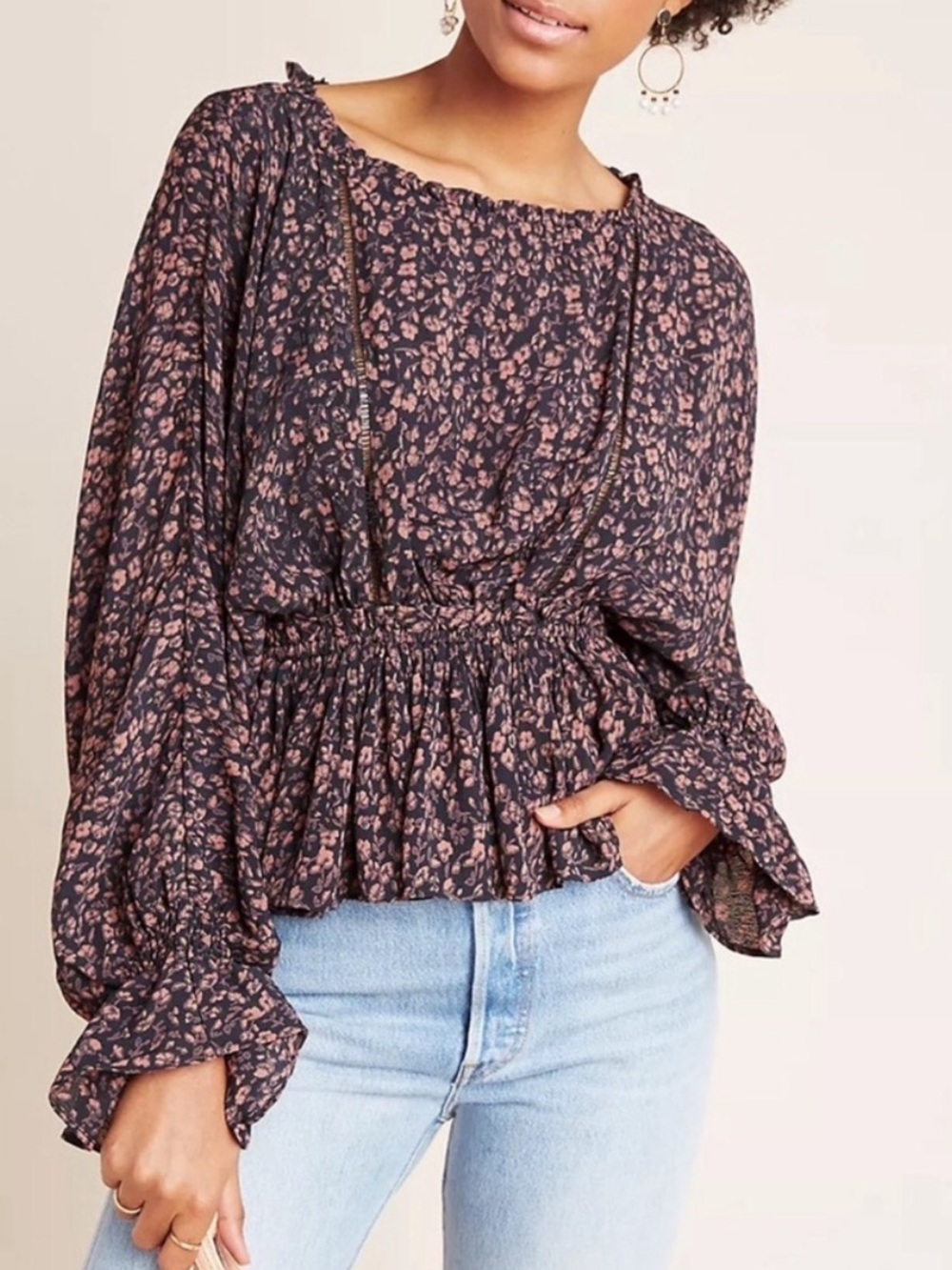Anthropologie Nichola Floral Peplum Blouse XS Black Pink Boho Romantic Top